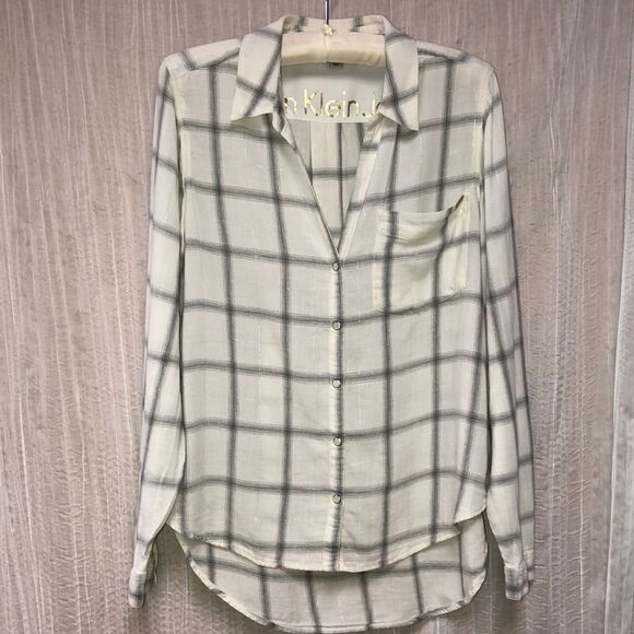 CK Jeans L Cotton White Gray Lurex Plaid Long Sleeve Snap Front Relaxed Shirt - Picture 1 of 15
